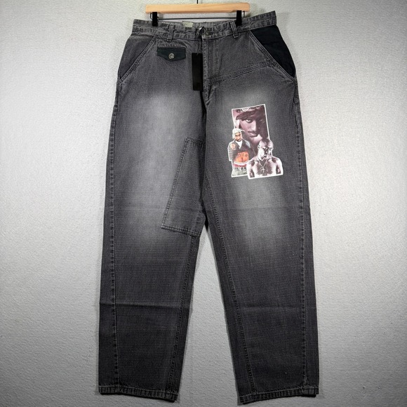 Vintage‎ Makaveli Brand Men's Black Graphic Print Denim Jeans Size 38x34 Y2K